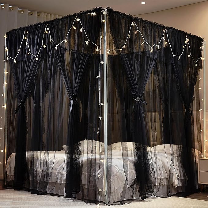 4 Corners Post Princess Curtains Bed Canopy for Girls 8 Panels Curtain- Double Layer Sheer Mesh Canopies Drapes Girls Room Decor (8P-Black/Black, 4P(33"x82") W+4P(43"x82") L/(Queen))