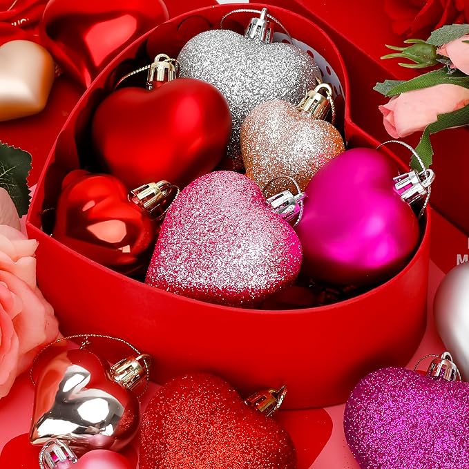 100 PCS Valentine Day Heart Shaped Ornaments Romantic Various Styles Heart Hanging Baubles Colorful Romantic Glossy Hearts Valentine's Day Decor for Outdoor Indoor Party Anniversary Crafts