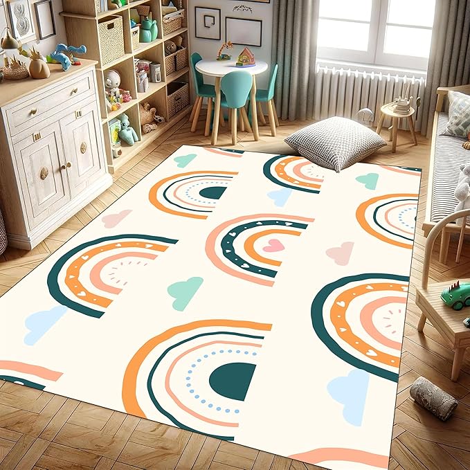 Children's Carpet Girl's Bedroom Rainbow Carpet Living Room Area Rugs Soft Washable Non-Slip Rugs Simple Lovely Rainbow White Cloud Print Children's Room Nursery Decoration Beige 4x5ft