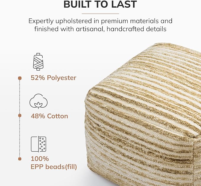 Anji Mountain Artisan Crafted Cotton Blend Pouf Ottoman | Versatile Floor Seating & Footstool for Living Room | Modern Boho Home Décor Accent | Filled Pouffe