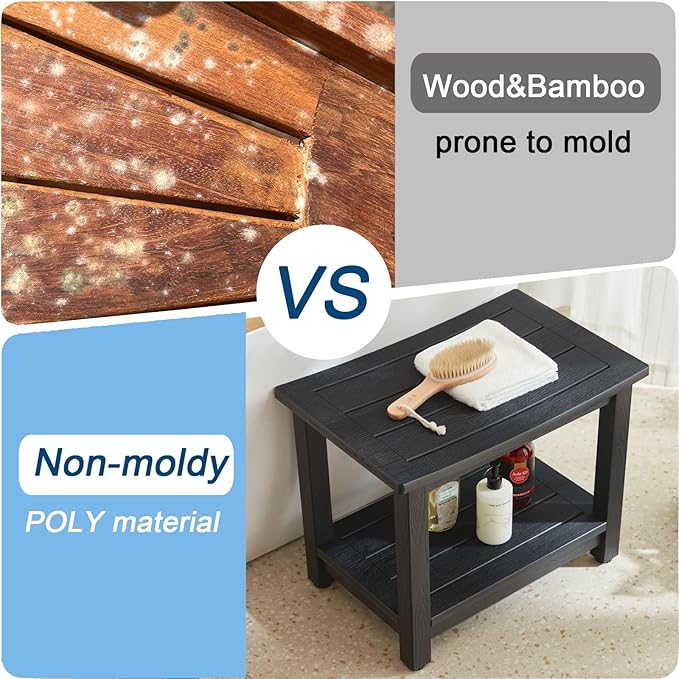 Heavy Duty HDPS Shower Bench Seat, Waterproof Shower Stool for Shaving Legs, Large Poly Lumber Bathroom Chair Seat with Ajustable Feet, Indoor/Outdoor Use, No Maintenance, Black