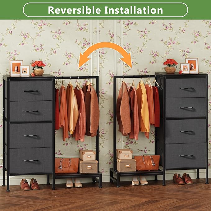 Dresser with Hanging Rack, 4 Drawers Small Closet for Bedroom, Reversible Fabric Kids Chest of Drawers with Clothes Rack, Tall Storage Tower, Sturdy Frame, Grey, 44''H