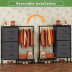 Dresser with Hanging Rack, 4 Drawers Small Closet for Bedroom, Reversible Fabric Kids Chest of Drawers with Clothes Rack, Tall Storage Tower, Sturdy Frame, Grey, 44''H