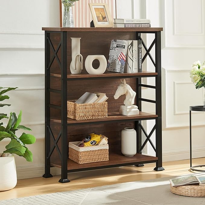 HOMBAZAAR 4-Tier Small Bookshelf, 35.4 Inch Short Book Shelf with Sturdy Metal Frame & Wood Shelves, Rustic Brown Industrial Bookcase for Living Room, Bedroom, Office