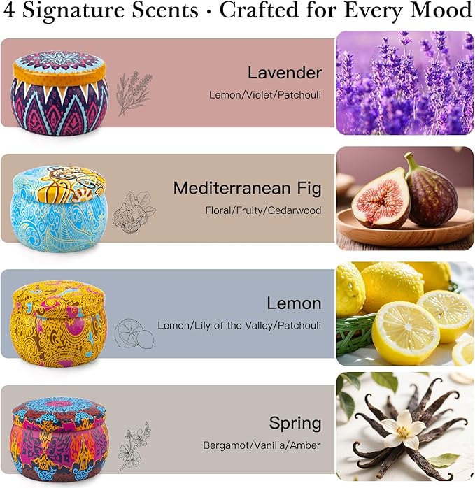 Scented Candle Gift Set - 4 Pack Long Lasting Classic Bohemian Scented Soy Wax Candles with Fig, Lemon, Spring & Lavender Scents, Aromatherapy Candles for Valentine's Day Gifts & Spring Home Décor