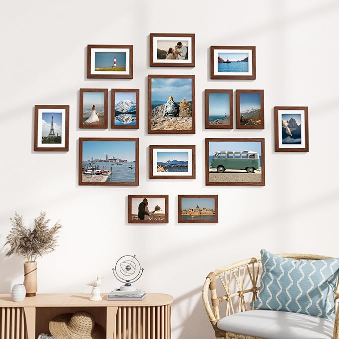 Vittanly 15 Pack Picture Frames Collage Wall Decor, Multi Sizes Including 3pcs 8x10, 6pcs 5x7 and 6pcs 4x6 Photo Frames, Gallery Frame Set for Wall or Tabletop Display, Walnut Brown