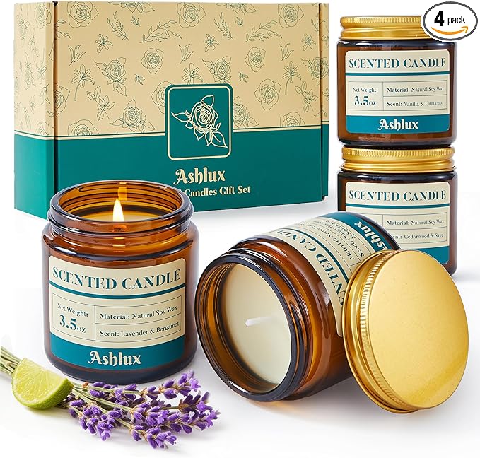 4 Pack Scented Candles as Candle Gift Set, Candle Set for Women, Long Lasting Soy Wax Amber Jar Aromatherapy Candles for Stress Relief, Home Decoration, Birthday, Valentine's Day
