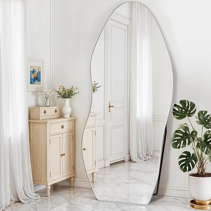 Antok Full Length Mirror, 68"x26" Floor Mirror with Stand, Standing Hanging Leaning Irregular Mirrors for Bedroom Living Room Entryway, Wavy Shaped, Silvery
