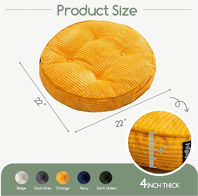 HIGOGOGO Washable Floor Pillow Cushion for Adults, Meditation Cushion Pillow, Large Round Floor Sitting, Removable Tufted Corduroy Cover, for Tatami Living Room or Yoga, 22x22 Inch, Machine Washable
