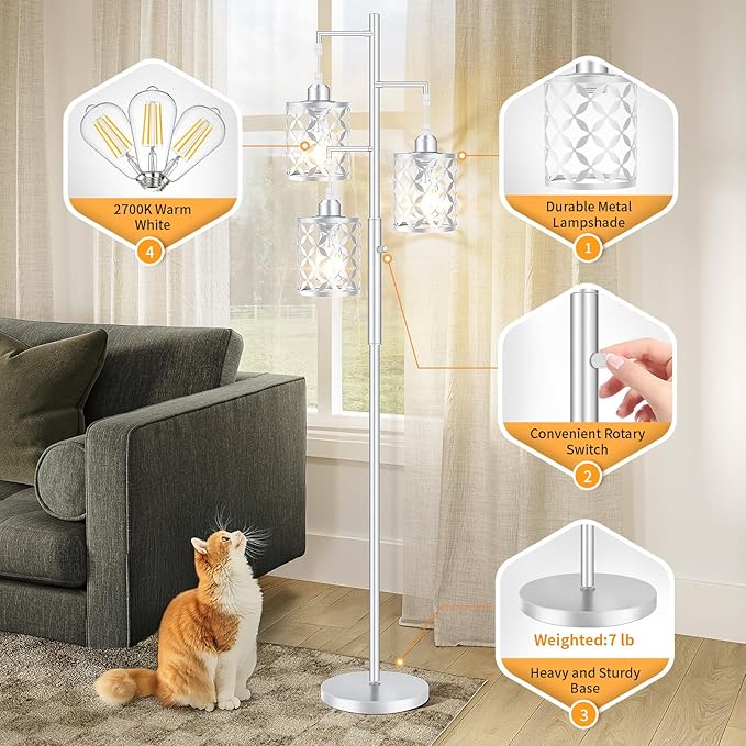 【Upgraded】72" Tall Dimmable Floor Lamp, Modern Standing Lamp with Elegant Metal Cage, Industrial Tree Floor Lamps for Living Room, Bedroom, Study Room, Office (3 x 800LM LED Bulbs Included) - Silver