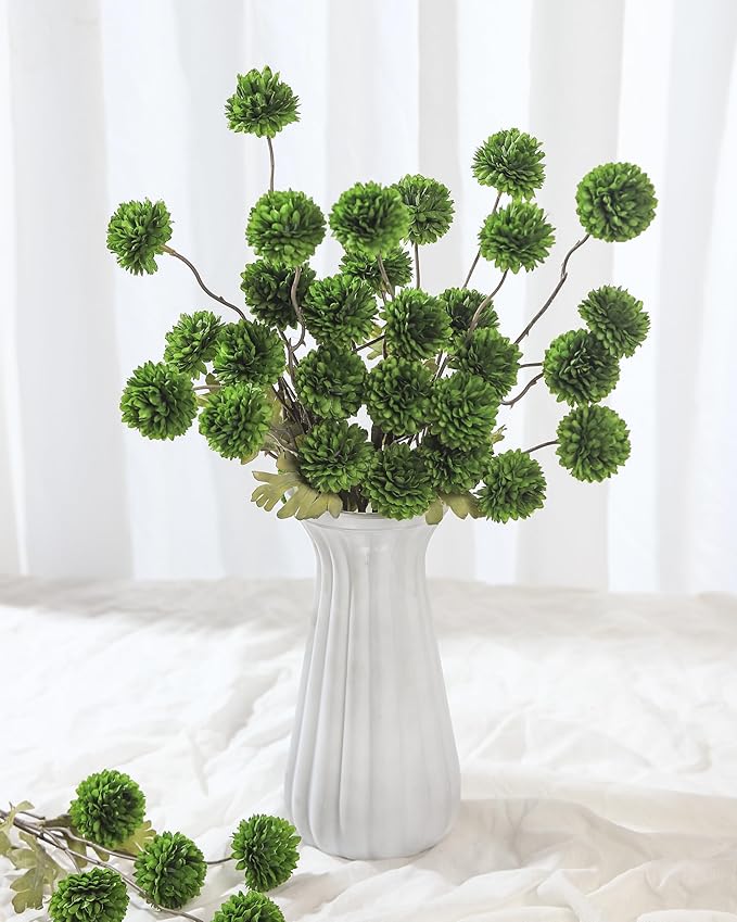 DuHouse 6pcs Artificial Flowers Faux Silk Pompon Mum,Silk Small Mini Chrysanthemum Ball with Stems for DIY Wedding Bouquets Centerpieces Vase Home Table Kitchen Decorations(Green)