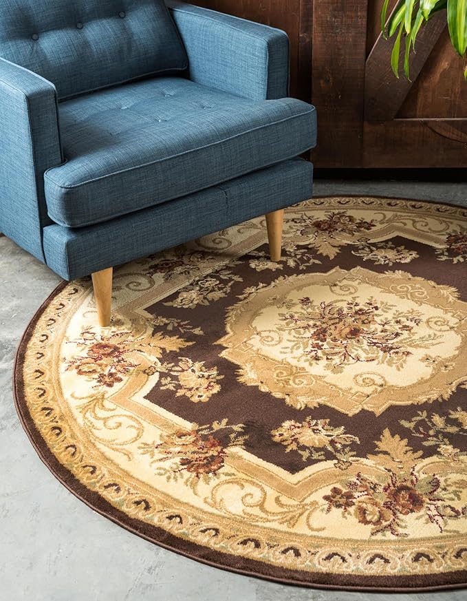 Rugs.com Chateau Collection Rug – 6 Ft Round Brown Medium Rug Perfect for Kitchens, Dining Rooms