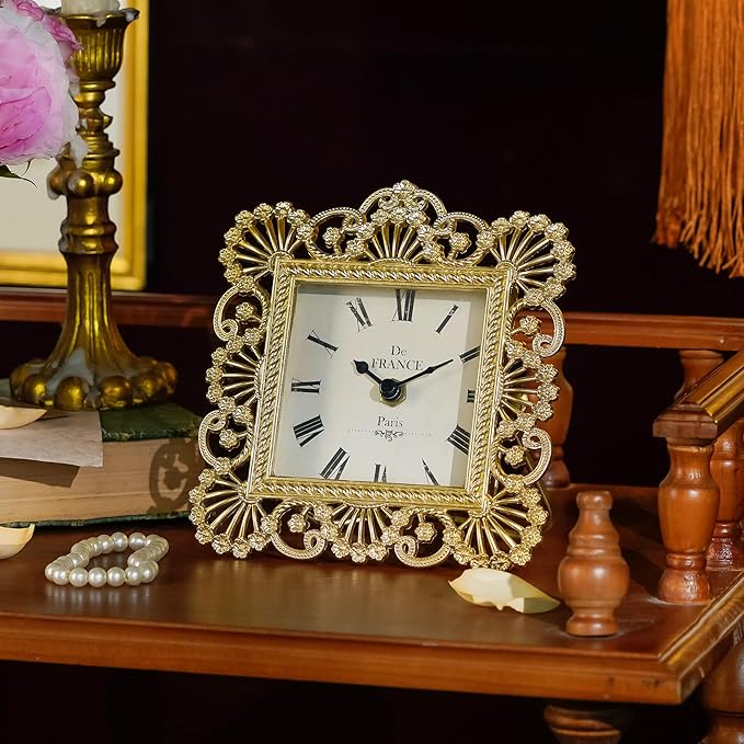 NIKKY HOME Gold Table Clock, Shabby Chic Decorative Desk Clock, Vintage Desk Clocks Non-Ticking Battery Operated for Living Room Bathroom