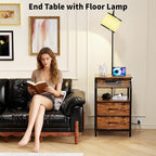 End Table with Floor Lamp, Nightstand with Charging Station, Floor Lamp Table with 3-Color Temperature Bulb, Bedside Table Night Stand with 2 Drawers for Bedroom, Living Room, Brown