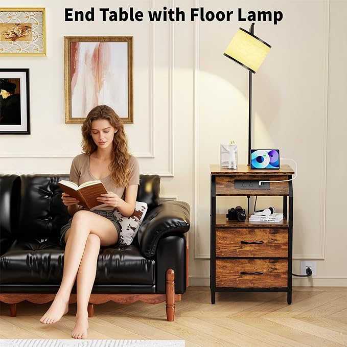 End Table with Floor Lamp, Nightstand with Charging Station, Floor Lamp Table with 3-Color Temperature Bulb, Bedside Table Night Stand with 2 Drawers for Bedroom, Living Room, Brown