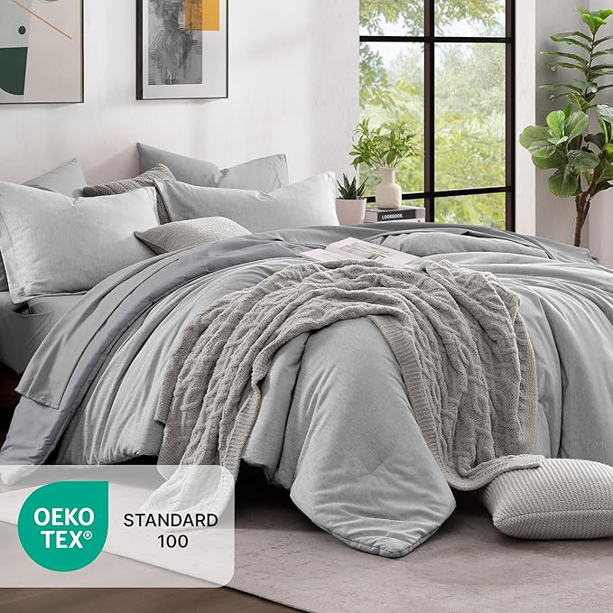 Monbix Queen Comforter Set - 7 Pieces Cationic Dyeing Light Grey Bed in a Bag Queen Bedding Sets with Comforter, Sheets, Pillowcases & Shams, Reversible Bedding Comforters Sets