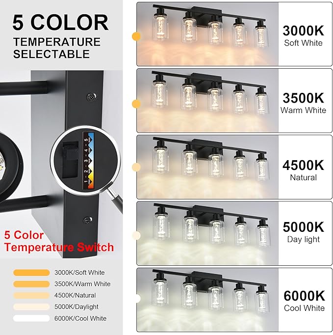 MELUCEE LED Vanity Lights for Bathroom, 6-Light Dimmable LED Bathroom Light Fixtures Black with Crystal Bubble Clear Glass Shade 3000K-6000K LED Wall Light Fixture for Bathroom, Built-in LED Chips