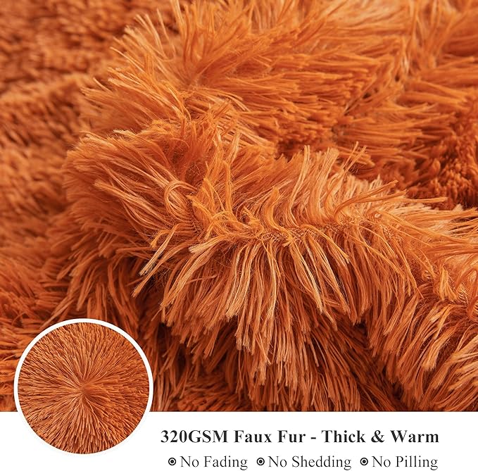 XeGe Fluffy Faux Fur Duvet Cover Set, Luxury Ultra Soft Plush Shaggy Terracotta Bedding Set 3 Pieces Velvet(1 Fuzzy Comforter Cover + 2 Furry Pillow Cases), Zipper Closure (Queen, Burnt Orange)