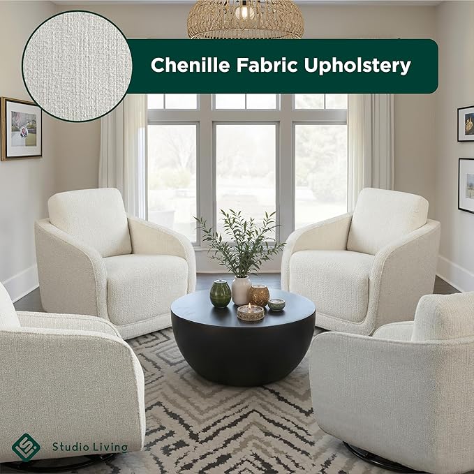 Studio Living® Lydia 35.3" Swivel Accent Chair, Modern Boho, Fully Assembled, Pocket Coil Comfort, Round Swivel Base Leg, Soft Chenille Fabric, Cream