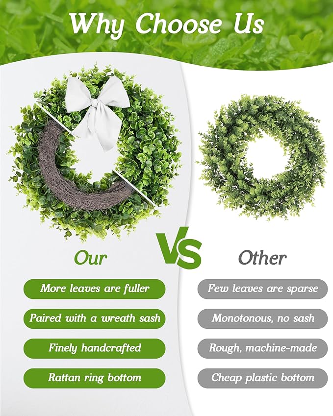 Vlorart 24 Inch Artificial Front Door Boxwood Wreath, Spring Summer Wreaths for Front Door, Large Green Wreath with Sash for Farmhouse Wedding Outside Year Round Indoor and Outdoor for Home Decoration