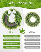 Vlorart 24 Inch Artificial Front Door Boxwood Wreath, Spring Summer Wreaths for Front Door, Large Green Wreath with Sash for Farmhouse Wedding Outside Year Round Indoor and Outdoor for Home Decoration