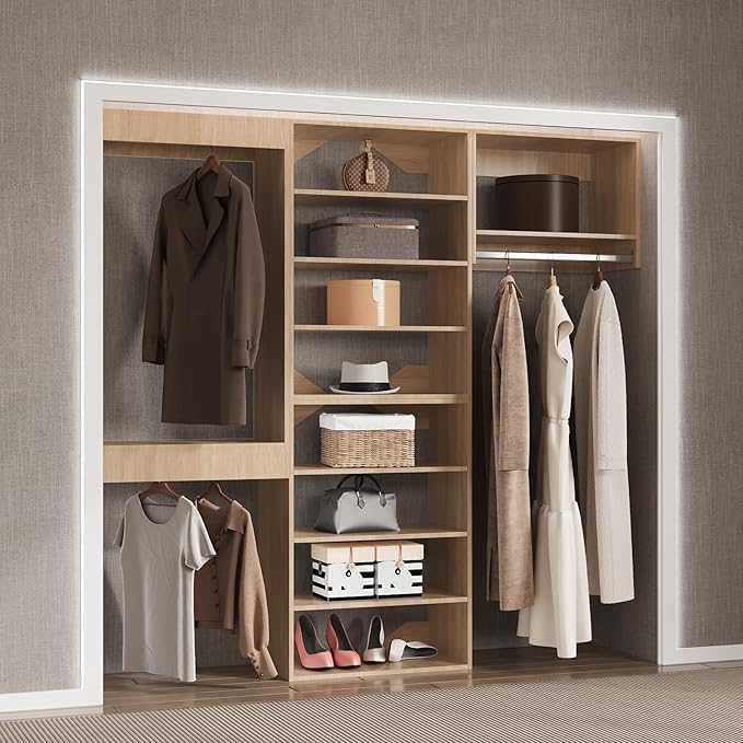 Modular Closet System, 66" Wide Closet Organizer System with Towers and Hanging, Wood Closet Tower Storage for Walk In Closets, Wall Mounted Wardrobe Organizer Kit System, Bedroom, Wood