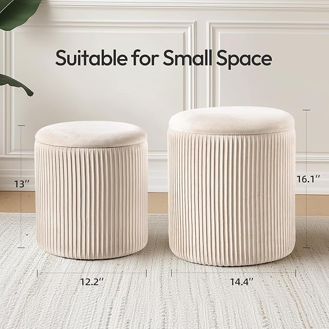 Ottoman with Storage Set of 2, Velvet Round Storage Ottoman, Upholstered Sponge Vanity Stool Support 300lbs, Multifunctional Coffee Table Foot Rest Ottoman for Living Room Bedroom, Beige