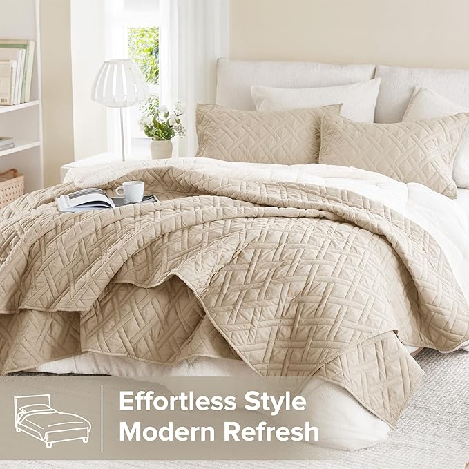 Comfort Spaces King Quilt Set Modern Reversible Diamond Coverlet King Bedding Set Cozy Quilted Winter Layer, All Season Lightweight Soft King Size Quilt, Kienna, Cal King Beige Diamond 3 Piece