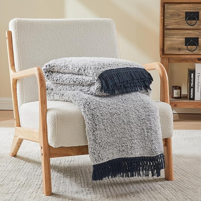 EMME Soft Sherpa Fleece Blanket with Tassel, Reversible Plush Fluffy Large Blanket, Light Weight Warm Decorative Boho Blanket Cover for Sofa, Couch, Bedroom,Travel(Tassel Navy,90"x90")