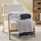EMME Soft Sherpa Fleece Blanket with Tassel, Reversible Plush Fluffy Large Blanket, Light Weight Warm Decorative Boho Blanket Cover for Sofa, Couch, Bedroom,Travel(Tassel Navy,90"x90")