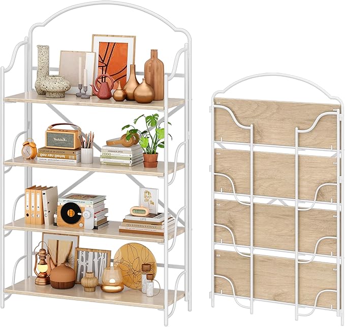 4NM No Assembly Extra Wide Folding Bookshelf for Living Room, 4 Tiers Collapsible Book Shelves Open Industrial Foldable Bookcase Storage Shelf for Home Office - Cloud Oak