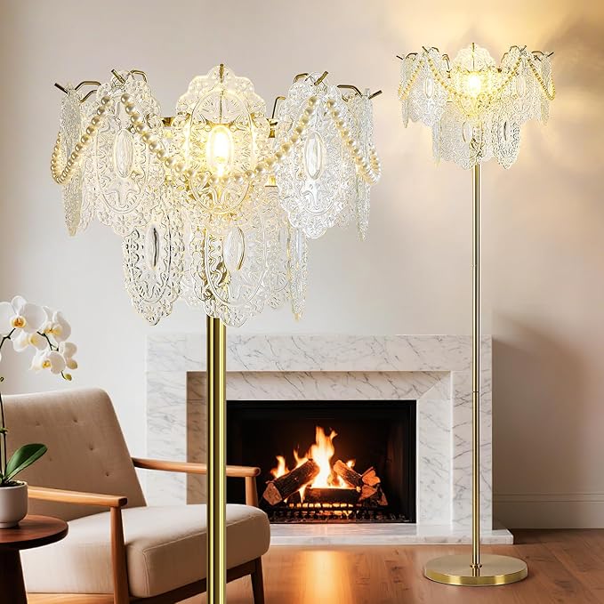 Gold Glass Floor Lamp, 63" Modern Vintage Standing Lamp with Imitation Pearl Decoration, Double-Layer Figured Glass shade, Elegant Brass Standing Floor Lamps for Living Room, Bedroom, Bulb Included
