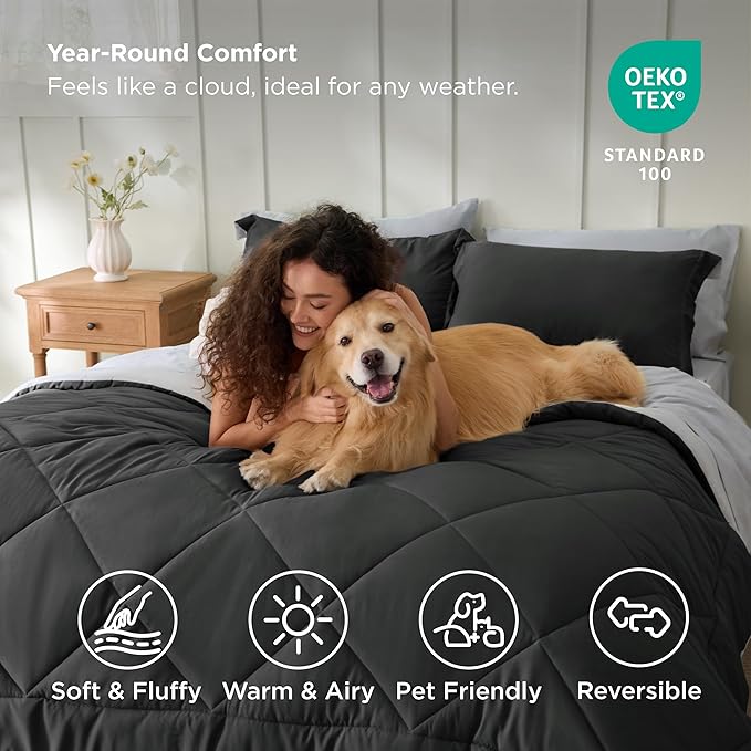 Bedsure Twin Comforter Set - 5 Pieces Reversible Charcoal Grey Bedding, Twin Size Bed Set for All Seasons, Bed in a Bag with Down Alternative Comforter, Sheets, Pillowcase & Sham