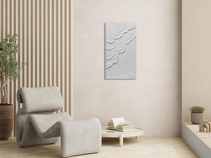 MyArton Abstract White Beach Waves Wall Art, Textured White Wall Art, Modern Canvas Handmade Oil Painting, 3D Thick Texture Wall Artwork for Home Decoration Framed Ready to hang Vertical 24x48inch