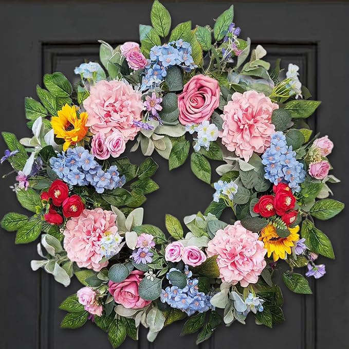 24 Inch Spring Summer Wreaths for Front Door, Spring Summer Door Wreaths, Floral Flowers Wreath with Pink Peony,Rose,Blue Hydrangea,Sunflower,Large Wreaths for Spring Summer Outdoor Home Decor