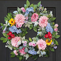 24 Inch Spring Summer Wreaths for Front Door, Spring Summer Door Wreaths, Floral Flowers Wreath with Pink Peony,Rose,Blue Hydrangea,Sunflower,Large Wreaths for Spring Summer Outdoor Home Decor