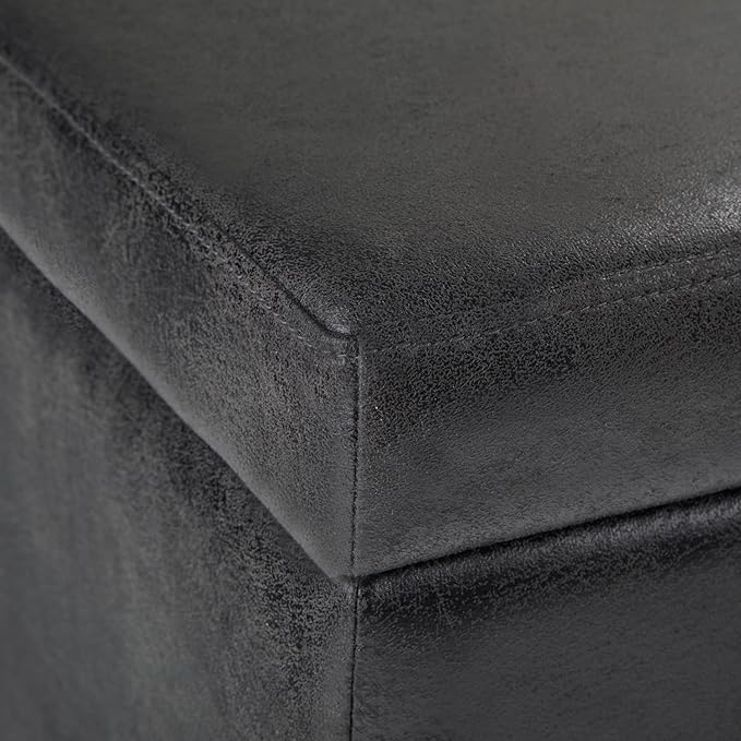 SIMPLIHOME Avalon Storage Ottoman Bench - 48 inch Wide Upholstered Vegan Leather Rectangular Lift-Top Ottoman in Distressed Black, Contemporary Storage Bench for Living Room with High-Density Foam