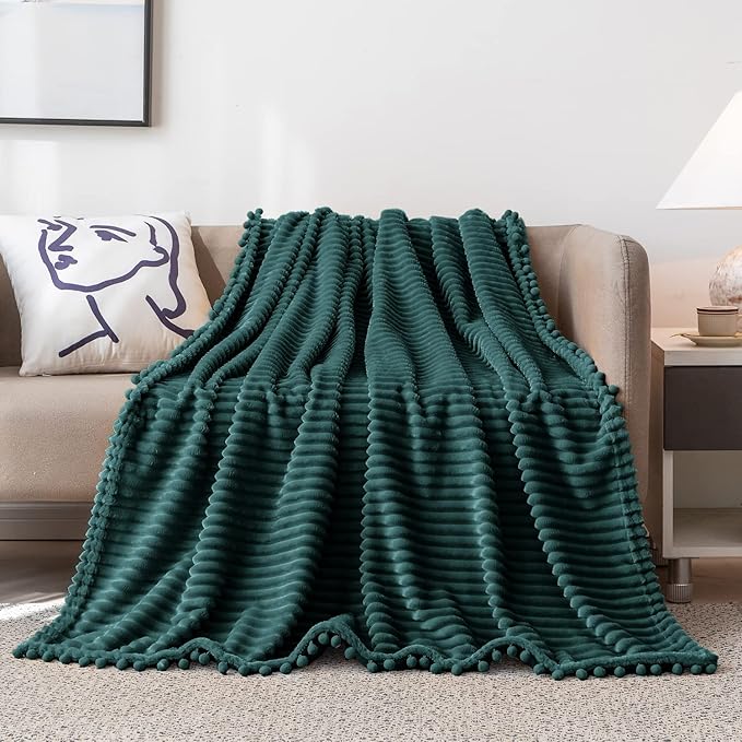DISSA Fleece Blanket Throw Size – 51x63, Green – Soft, Plush, Fluffy, Fuzzy, Warm, Cozy – Perfect Throw for Couch, Bed, Sofa - with Pompom Fringe - Flannel Blanket Throw Blanket
