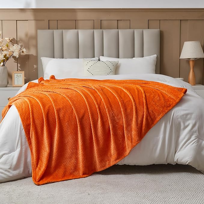 NEWCOSPLAY Super Soft Queen Blanket Orange Premium Silky Flannel Fleece Leaves Pattern Lightweight Bed Blanket All Season Use (Orange, Queen(90"x90"))