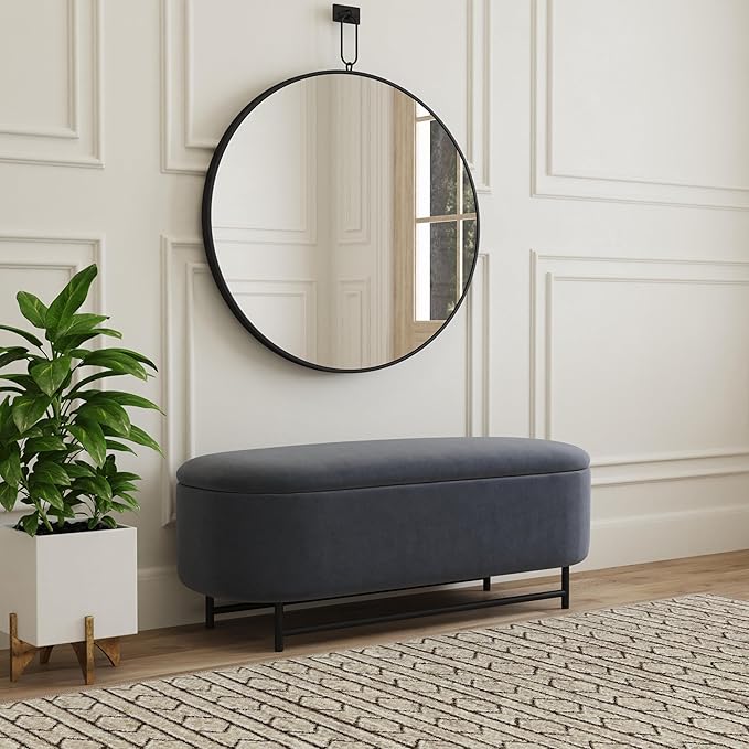 HomePop Ellipse Modern Storage Bench with Metal Legs |Homepop Home Décor|Bench with Storage for Living Room & Bedroom - Steel Blue Velvet