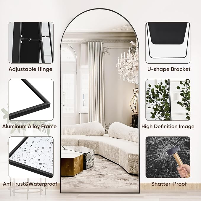 Suidia Arched Full Length Mirror, 71"x28" Floor Mirror Freestanding, Floor Standing Full Body Mirror with Stand for Bedroom, Hanging Leaning Mounted for Living Room Cloakroom, Black