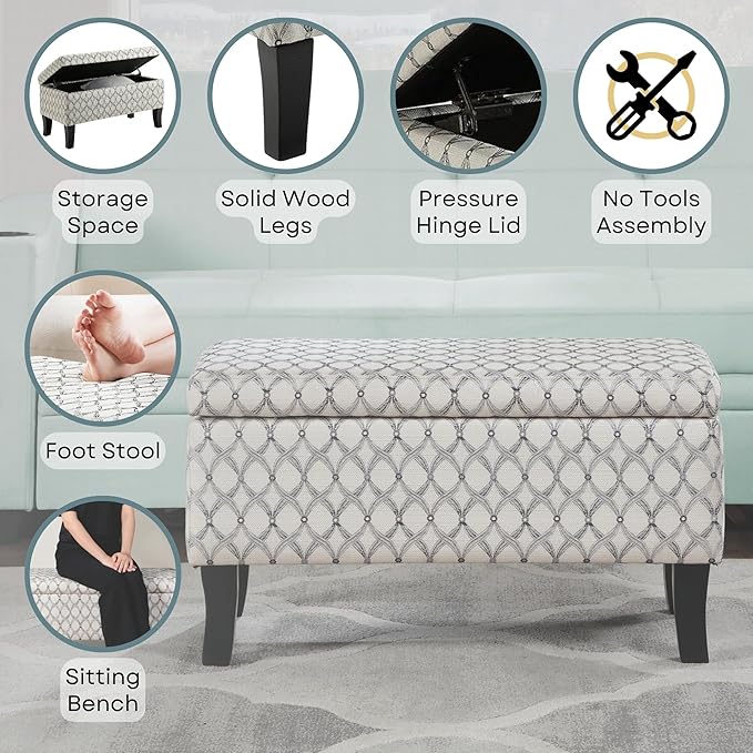 Convenience Concepts Designs4Comfort Winslow Storage Ottoman Bench 32" - Transitional Upholstered Footstool & Seat, for Living Room, Entryway, Hallway, & Bedroom, Ribbon Pattern Fabric