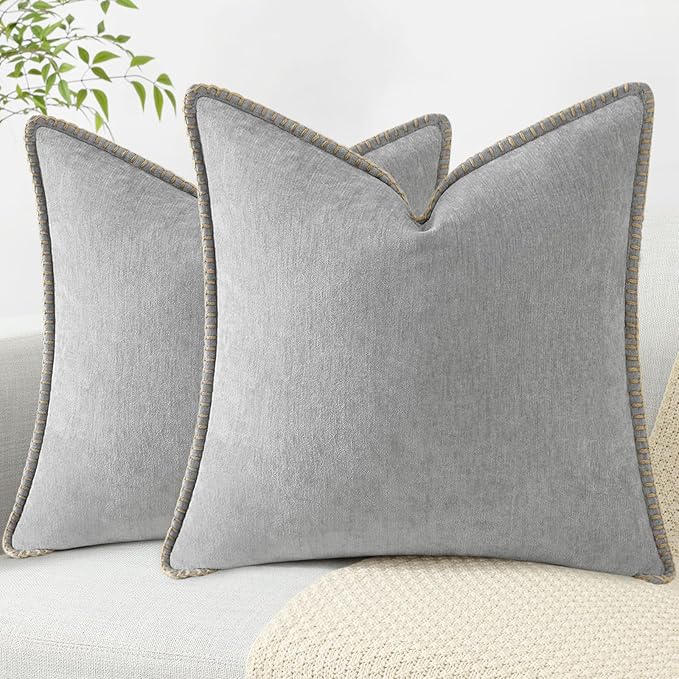 decorUhome Spring Chenille Soft Cozy Throw Pillow Covers 20x20 Set of 2, Modern Farmhouse Boho Velvet Decorative Pillow Cases with Stitched Edge for Couch Sofa Bed Home Decor, Neutral Gray