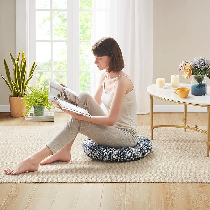 Codi Meditation Floor Pillow, Boho Pillows Seating for Adults and Kids, Large Round Cushion for Yoga Living Room Tatami Sitting, Memory Foam Added, 22x22 Inch, Indigo Elephant