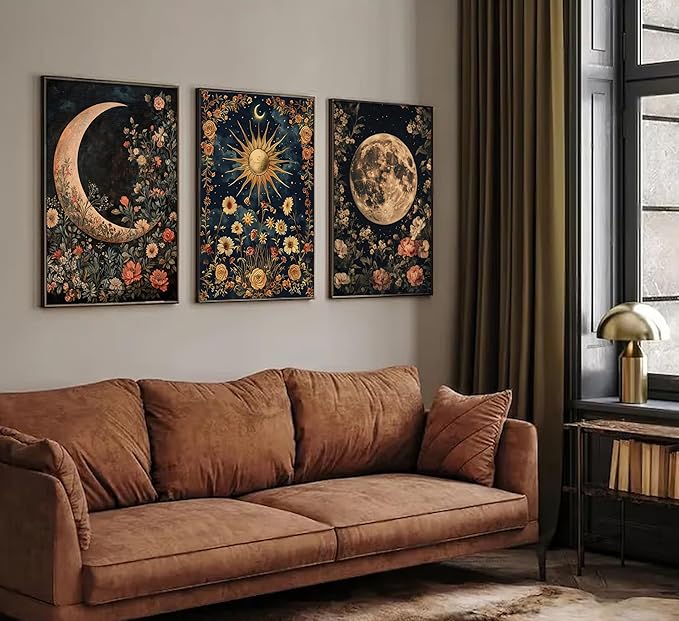 3Pcs Sun and Moon Celestial Canvas Wall Art Vintage Gothic Mystical Crescent Floral Plant Dark Academia Painting Picture Wall Decor Posters Print Artwork for Living Room Bedroom Decoration Unframed (24L" x 16W"-Poster)