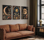 3Pcs Sun and Moon Celestial Canvas Wall Art Vintage Gothic Mystical Crescent Floral Plant Dark Academia Painting Picture Wall Decor Posters Print Artwork for Living Room Bedroom Decoration Unframed (24L" x 16W"-Poster)