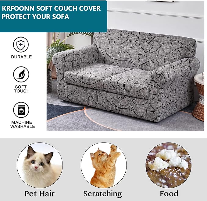 KRFOONN 3 Piece Stretch Sofa Couch Covers for 2 Cushion Couches Printed Sofa Loveseat Slipcover with 2 Separate Seat Cushion Covers Washable Sofa Slip Covers Furniture Protector (Loveseat, 25), Medium