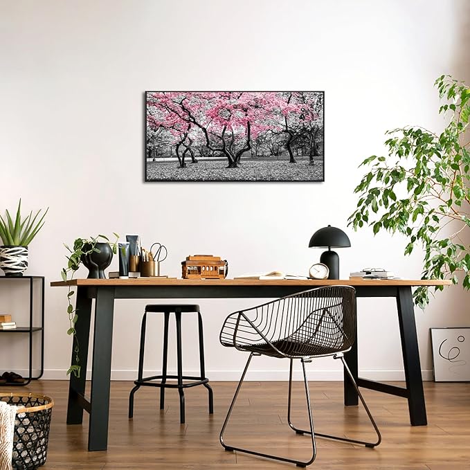 iKNOW FOTO 20x40 Cherry Blossom Trees in Black & White with Pink NYC Park Picture Stretched Canvas Art with Black Floater Frame Nature Landscape Wall Decor Ready to Hang
