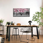iKNOW FOTO 20x40 Cherry Blossom Trees in Black & White with Pink NYC Park Picture Stretched Canvas Art with Black Floater Frame Nature Landscape Wall Decor Ready to Hang