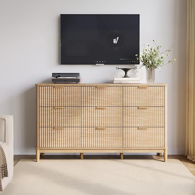 LINSY Fluted 9 Drawer Dresser for Bedroom, 58" Wide Mid-Century Modern Tall Chest of Drawers, Deep Storage Dresser with Curved Corner Design, Large Accent Wood Cabinet for Bedroom, Oak